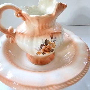 Vintage Pitcher Jug and Wash Basin bowl floral peach small Decor Granny Cottage